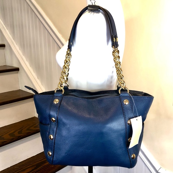 MICHAEL KORS Gold Studded Navy Blue Tumbled Leather Side Pocket Shoulder Bag NWT - Picture 4 of 16
